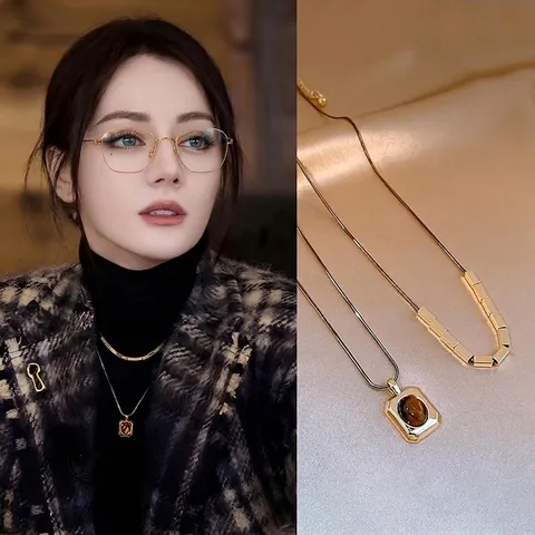 Dubbele Laag Ketting Met Tijgeroog Steen Hanger 18K Vergulde Legering Slangenketting Vintage Elegante Sieraden Voor Dames