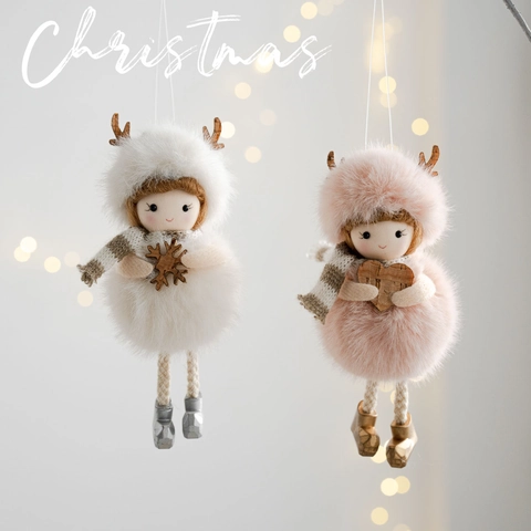 Plush Angel Doll Pendant Reindeer Antlers Striped Scarf Wooden Heart Snowflake Christmas Tree Ornament Festive Home Decoration