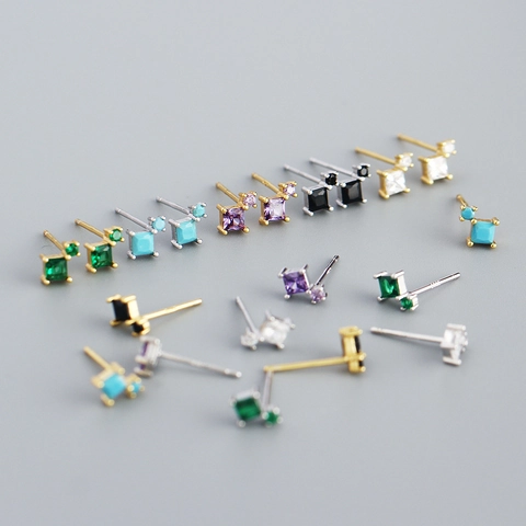 Geometric Square Round Zircon Stud Earrings With 925 Sterling Silver Earring Post For Women Dainty Jewelry