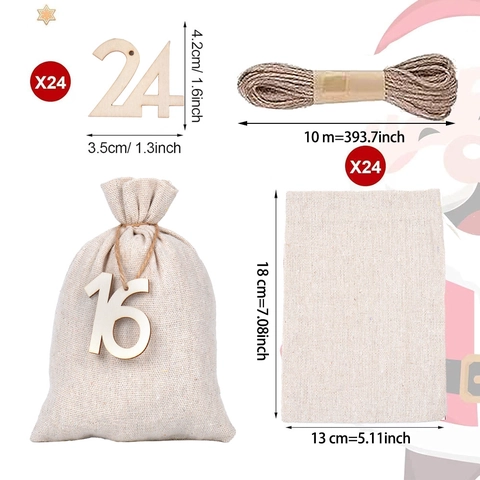 Kerst Adventskalender Zakken Set Katoen Linnen Trekkoord Cadeauzakjes Met Houten Clips Jute Touw Goud Ster Streep Bedrukte Zakken Voor Kerstmis Decor