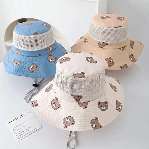 Cappello Da Pescatore Bambini Rete Traspirante Stampa Orso Cartone Animato Protezione Solare Estate Outdoor Corda Antivento Regolabile