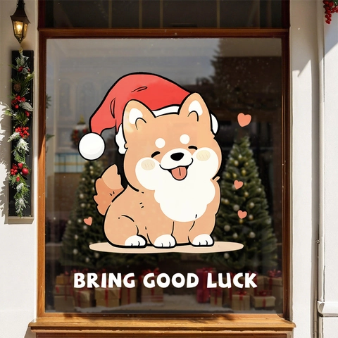 Christmas Window Sticker Static Cling PVC Cartoon Shiba Inu Dog Bring Good Luck Reusable Holiday Glass Door Decor