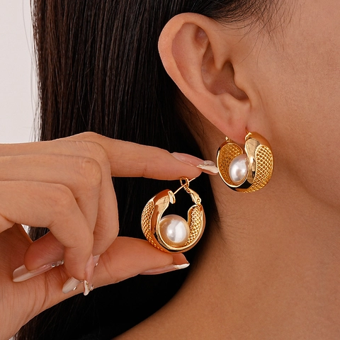 Pendientes De Aro En Forma De C Con Textura De Malla E Imitación De Perla Artificial Y Poste De Plata De Ley 925 Para Mujer Elegante