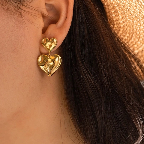 Hammered Heart Drop Earrings Stainless Steel 18K Gold Plated Double Heart Texture Geometric Fashion Jewelry For Women