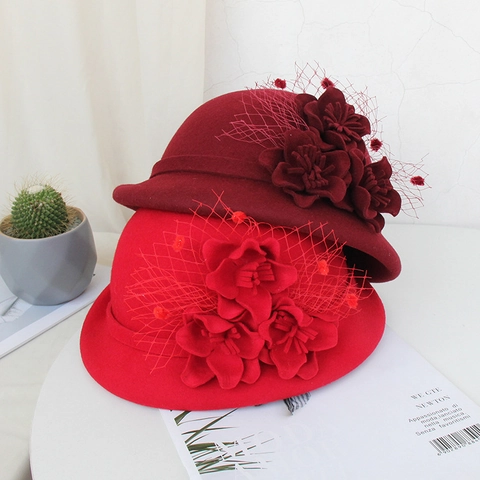 Damen Vintage Wollfilz Glockenhut Eleganter Dome Hut Mit Netzschleier Und Blumendekor Winter Warm Mode