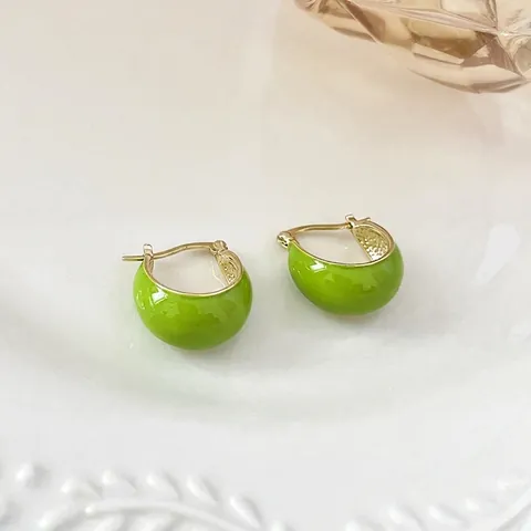 Green Enamel Geometric Heart Earrings With 925 Sterling Silver Earring Post C-Shaped Floral Elegant Jewelry For Women