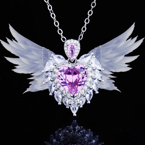 Heart Pendant Necklace Angel Wings Copper Zirconia Simulated Aquamarine Pink Gemstone Women Romantic
