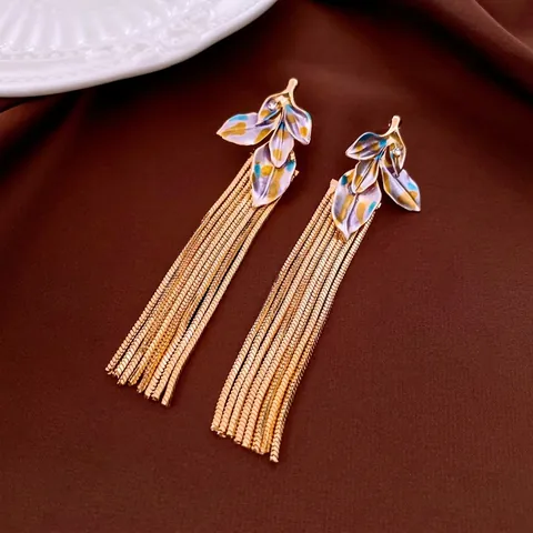 Retro Blatt Quasten Ohrhänger Emaille Bunter Strass Kupfer Mit 925 Sterling Silber Ohrstecker Elegant Für Damen