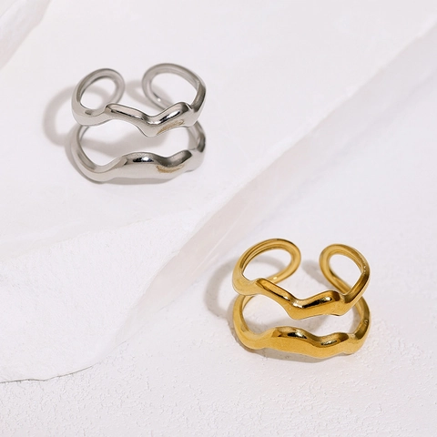 Irregular Wave Open Ring Stainless Steel Double Layer Adjustable Minimalist Niche Design Fashion Jewelry For Women