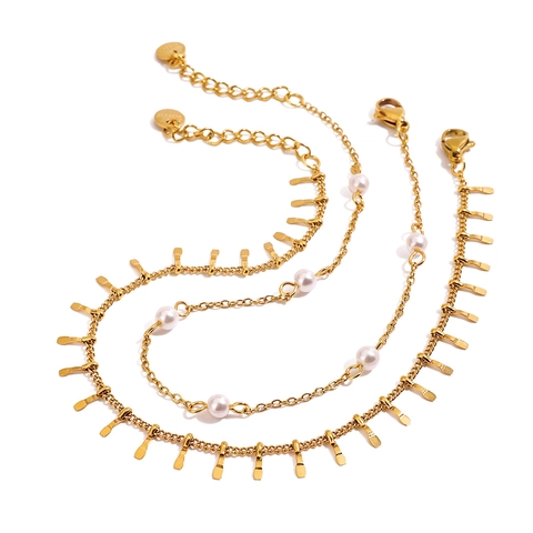 Double Layer Anklet 18K Gold Plated Stainless Steel Freshwater Pearl Bar Pendant Adjustable Fashion For Women