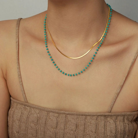 Women Double Layer Titanium Steel Necklace Fashion Gold Snake Chain Artificial Turquoise Bead Pendant Clavicle Chain Jewelry