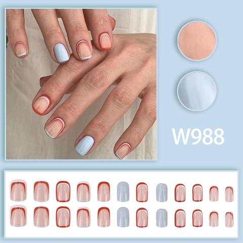 Unghie Finte Press On French Tip Bordo Rosso Bianco Blu Chiaro Corto Quadrato Resina ABS Unghie Finte Donne Semplice Dolce Manicure DIY