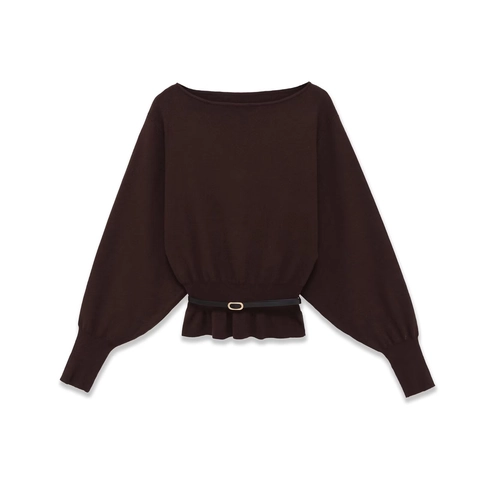 Top in Maglia da Donna Elegante Scollo a Barca Manica a Pipistrello Con Cintura Orlo a Volant Tinta Unita Maglione Pullover