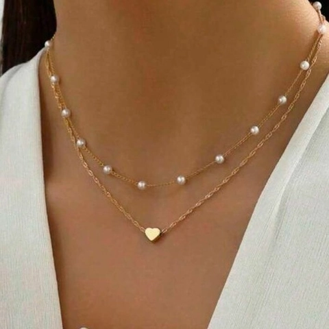 Multi-layer Necklace Alloy Faux Artificial Pearl Heart Pendant Clavicle Chain Vintage Stacking Jewelry For Women