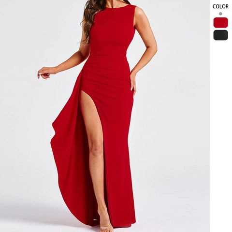 Sexy Backless High Slit Maxi Dress Sleeveless Round Neck Bodycon Polyester Ruched Evening Gown For Women