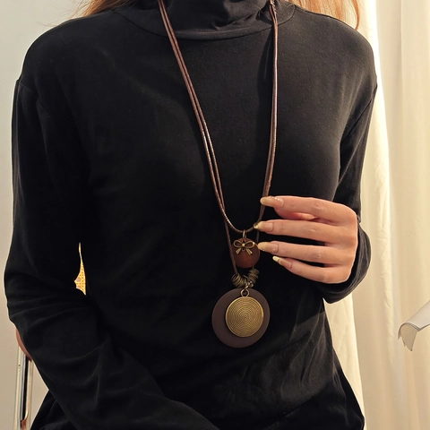 Vintage Bohemian Long Necklace Wood Alloy Round Disc Bowknot Double Layer Sweater Accessories For Women Retro Style