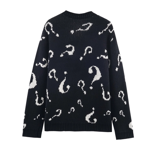 Women Knit Cardigan Sweater Round Neck Long Sleeve Button Down With Pockets Question Mark Jacquard Black And White Trendy