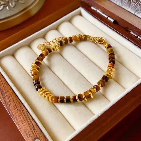 Natural Tiger Eye Stone Beaded Bracelet Irregular Gold Plated Metal Spacers Retro Maillard Style Adjustable For Women