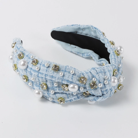 Fascia Larga Annodata In Tessuto Tweed Retro Elegante Con Künstliche Perle Finte E Strass Cerchietto Per Capelli Da Donna