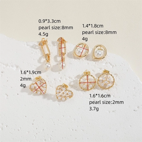 Elegant Copper Artificial Pearl Zircon Stud Earrings Heart Round Geometric Gold Plated Fashion Jewelry Accessory For Women