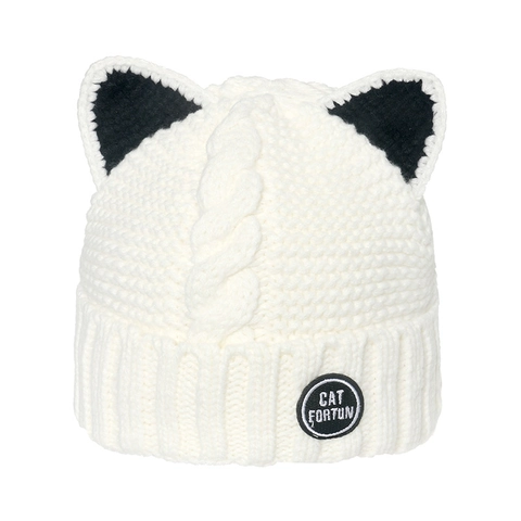 Cat Ear Knit Beanie Hat Acrylic Winter Warm Fleece Lined Ribbed Embroidered Patch Cute Headwear For Women