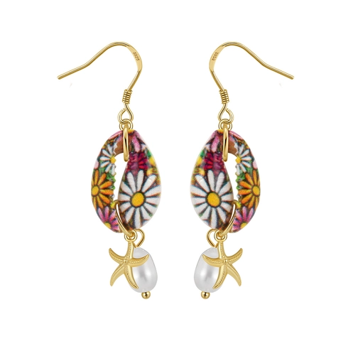 Bohemian S925 Sterling Silver Earring Post Painted Shell Daisy Starfish Natural Pearl Drop Earrings For Women Beach Vacation Jewelry