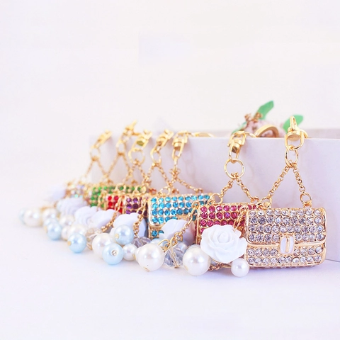Cute Camellia Handbag Keychain Zinc Alloy Rhinestone Bag Charm Artificial Pearl Elegant Keychain For Women Gift Decor