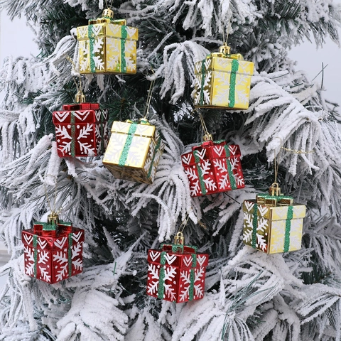 Decorazioni Natalizie da Appendere a Forma di Mini Scatola Regalo in Plastica Dipinta con Fiocchi di Neve Rosso Oro per Festa