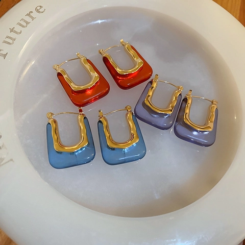 Vintage Geometric U-Shaped Hoop Earrings With Acrylic And Stainless Steel Earring Post