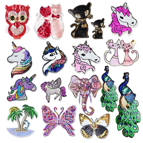 Écussons Brodés De Paillettes Pour Vêtements Appliques Cousues Main DIY Style Animal Paon Licorne Papillon Décoratif