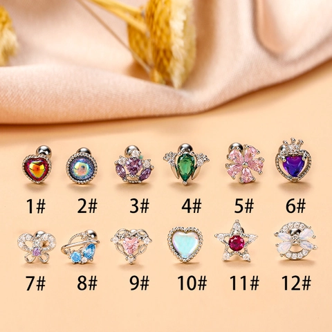 Ear Cartilage Studs Heart Crown Butterfly Star Planet Stainless Steel Bar Copper Zircon Zirconia Rhinestone Piercing Jewelry Fashion