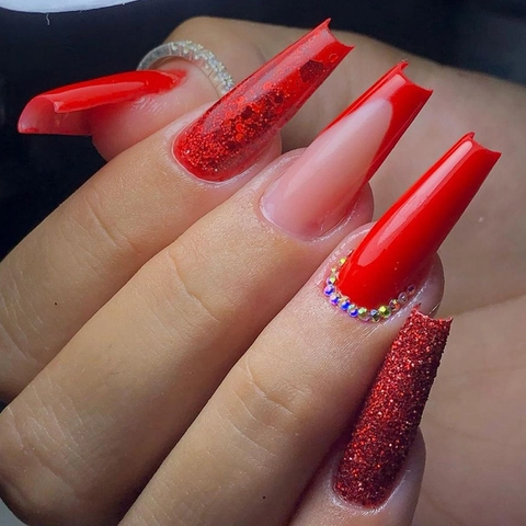 Press On Nägel Rot Glitzer Strass Französische Spitze Sargform Lange Künstliche Nägel Braut Hochzeit Party Elegant Damen