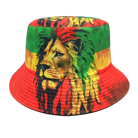 Cappello Da Pescatore Poliestere Stampa Testa Di Leone Strisce Rosso Giallo Verde Stile Reggae Rastafari