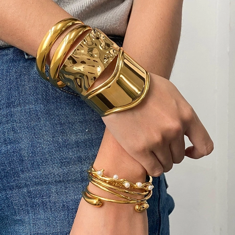 Minimalist Stainless Steel Gold Open Cuff Bracelet For Women Hammered Texture Artificial Pearl Geometric Fashion Jewelry