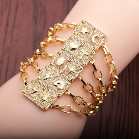 Bracciale In Rame Regolabile Placcato Oro Zircone Ciondolo Rettangolare Fulmine Luna Cuore Charms Gioielli Hip Hop Donna