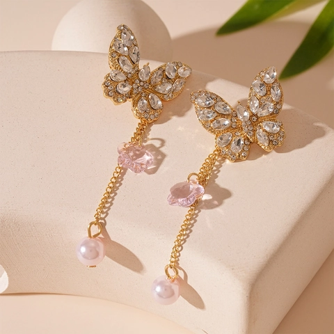 Pendientes De Mariposa De Aleación Con Diamantes De Imitación Flor Borla Y Perla Artificial De Imitación Con Poste De Plata