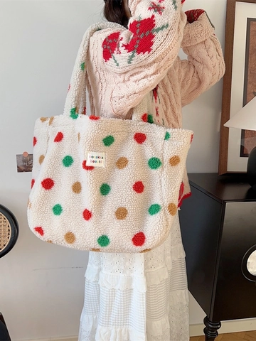 Große Plüsch Tragetasche Damen Gestreift Punktmuster Handtasche Weiches Fleece Schultertasche Offen Lässig Täglich