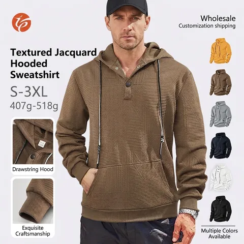 Heren Hoodie Jacquard Getextureerde Stof Casual Losse Pasvorm Knoopsgat Trekkoord Lange Mouwen Kangoeroezak Sweatshirt