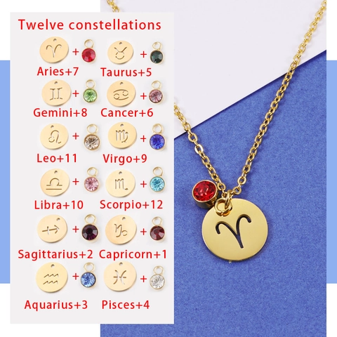 Constellation Necklace Stainless Steel 18K Gold Plated Hollow Round Pendant With Birthstone Minimalist Zodiac Jewelry