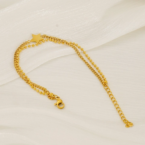 Doppellagiges Stern Anhänger Armband Edelstahl 18K Vergoldet Perlenkette Verstellbar Schmuck Damen