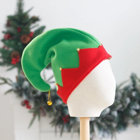 Gorro de Elfo de Navidad Con Campanas Doradas Rojo Verde Bloque de Color Vellón Suave Para Fiesta Navideña Accesorio