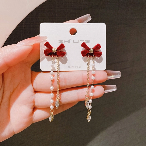 Velvet Bowknot Tassel Earrings With Faux Artificial Pearl Zircon Alloy And 925 Sterling Silver Earring Post French Retro Elegant