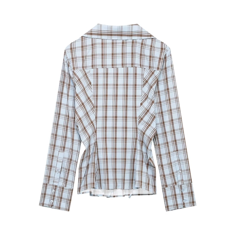 Women Plaid Wrap Blouse Polyester Long Sleeve Cross Front V Neck Side Button Checkered Shirt Casual Elegant Tops