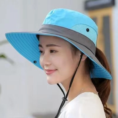 Cappello Da Sole Donna Tesa Larga Rete Traspirante Foro Coda Di Cavallo Escursionismo Con Corda Antivento Acrilico