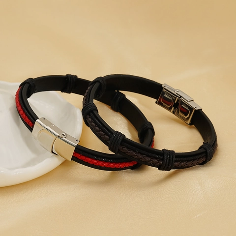 Bracciale In Pelle Intrecciata Retro Da Uomo Con Chiusura In Acciaio Inossidabile Accessorio Di Moda Geometrico Multistrato Intrecciato A Mano