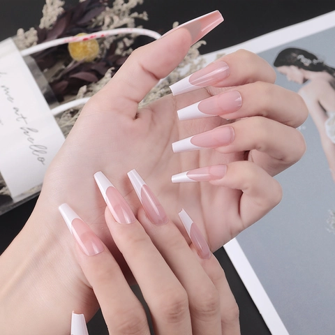 Faux Ongles Cercueil Extra Longs French Press On Nails Brillants Couleur Unie Forme Ballerine Pour Femmes Manucure