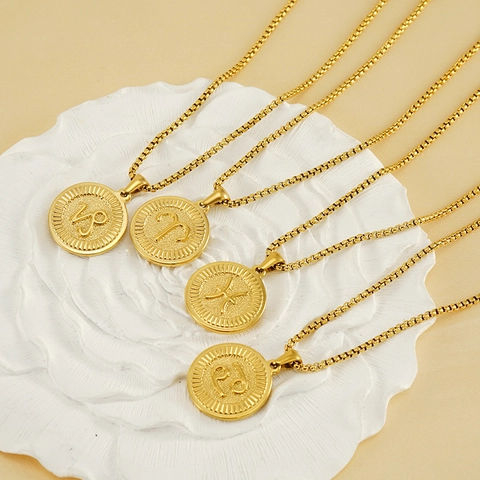 Twaalf Sterrenbeelden Ketting 18K Verguld 304 Roestvrij Staal Ronde Munt Hanger Doos Ketting Unisex Minimalistisch