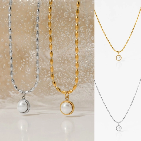 Elegante Collar De Acero Inoxidable Con Colgante De Perla Artificial Circular Geométrica Cadena De Bolas Minimalista Para Mujer