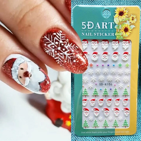 Autocollants Ongles 5D Noël Gaufré Père Noël Flocons Renne 3D Adhésifs Nail Art Pour Décoration DIY Fête
