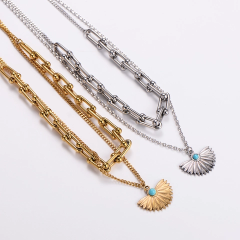 Collana Doppio Strato Acciaio Inossidabile Ciondolo Ventaglio Turchese Catena U-Link Gioielli Per Donne